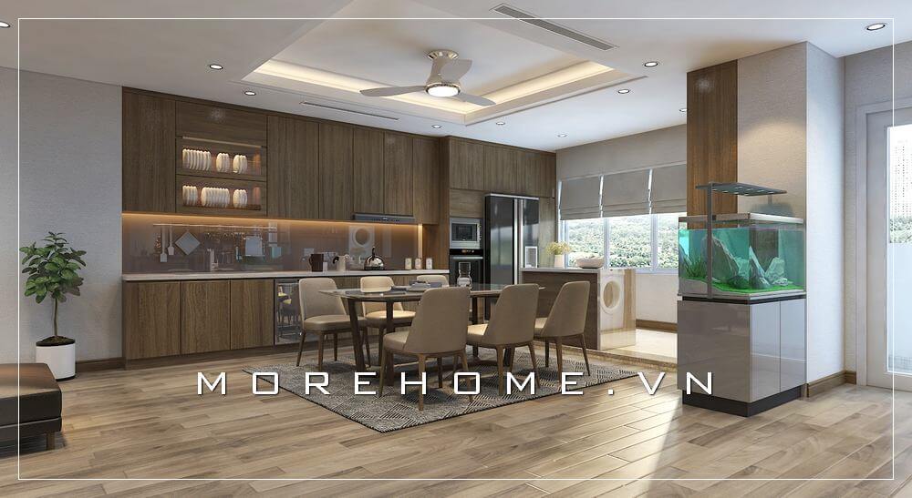 Mẫu tủ bếp gỗ công nghiệp màu nâu hiện đại, thiết kế full trần tạo không gian phòng bếp rộng rãi và sạch sẽ hơn